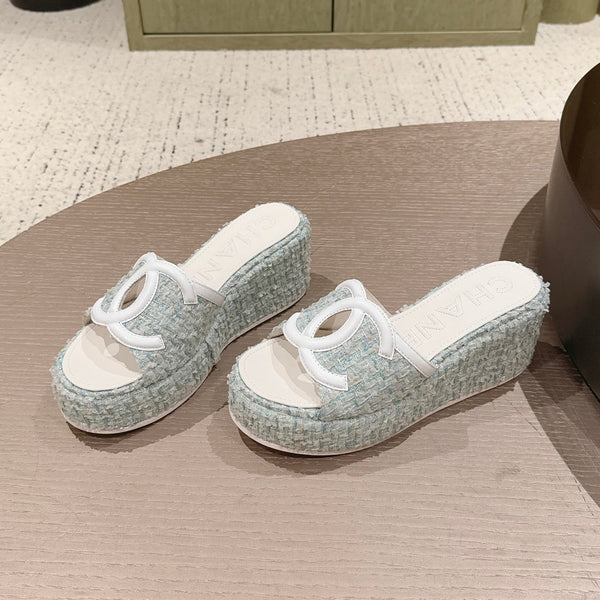CC 26s Platform Mules Grey Blue Lambskin Fabric 916996