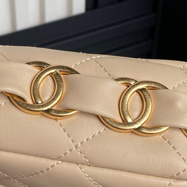 CC 24K Mini Flap Bag 21cm Beige Lambskin Gold Hardware