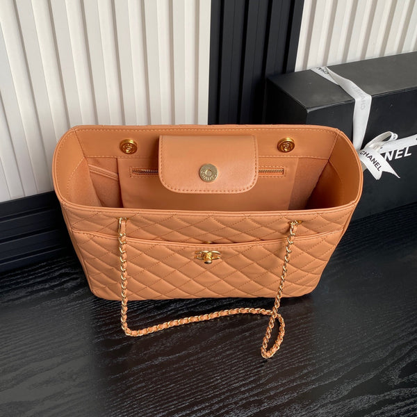 24K Shopping Bag 32cm Brown Calfskin Gold Hardware