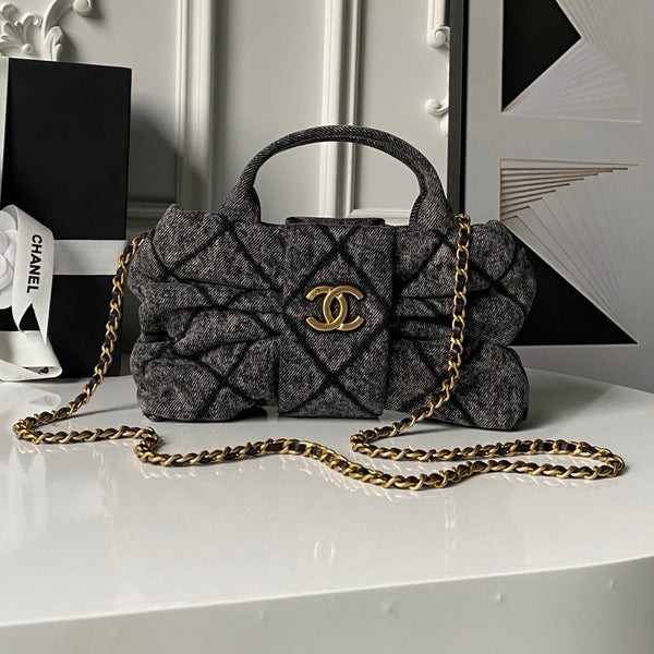 Chanel 25K Bow Bag 26cm Dark Gray Gold Denim Leather 295188
