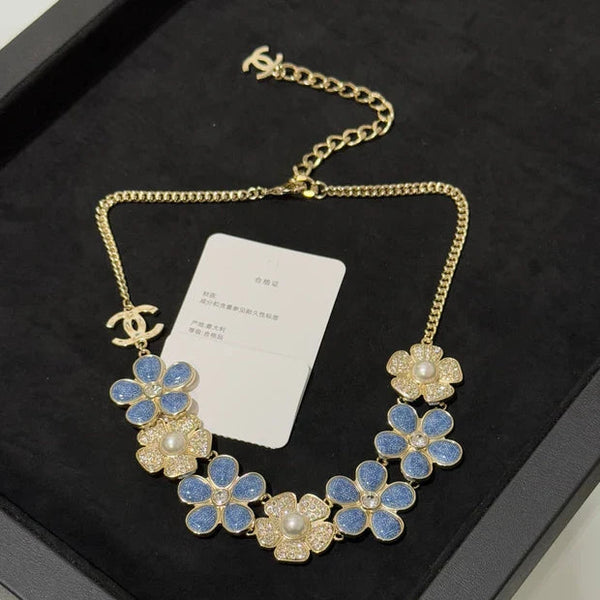 CC 2026 Denim Enamel Crystal Light Gold Double C Full Diamond Flower Pearl Necklace