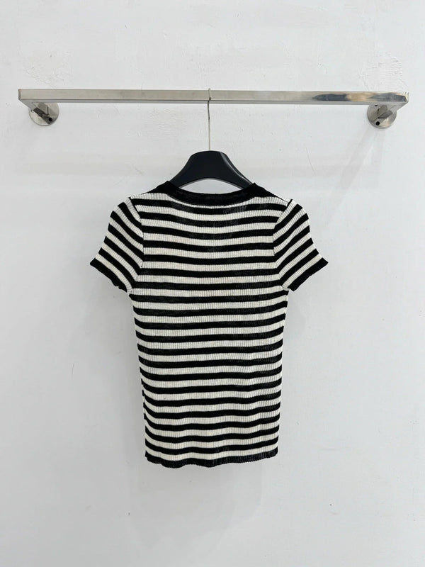 Miu 2026 Half-button Striped Knit Top Black White Wool 521196
