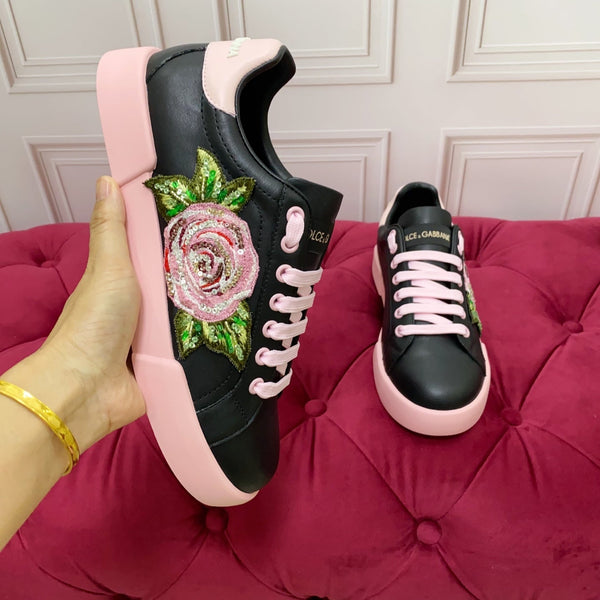 DC 25 Portofino Light Sneakers Black Pink Glitter Floral Pattern & Sheepskin 333870