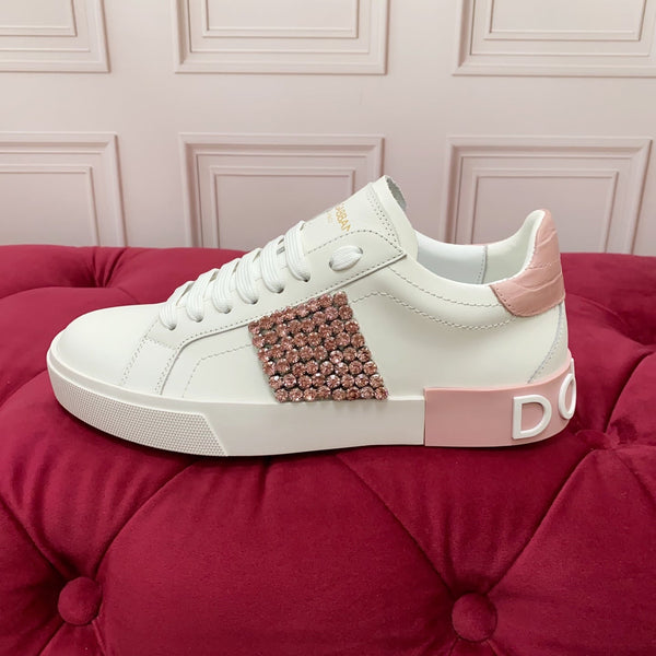 DC 25 Portofino Vintage Sneakers Pink White Cowhide & Rhinestone Silk 333877