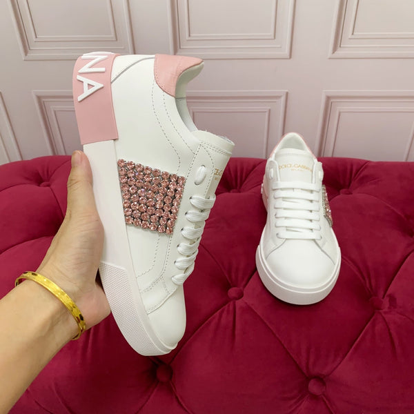 DC 25 Portofino Vintage Sneakers Pink White Cowhide & Rhinestone Silk 333877