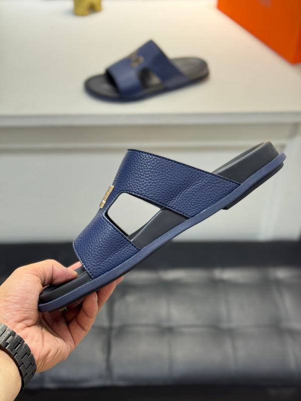 HM Oran H Black Gold Buckle Slippers in Blue Cowhide 735243