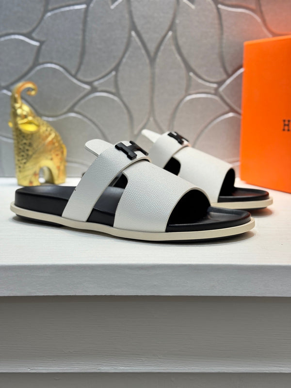 HM Oran H Noir Buckle Slippers in White  Cowhide 735256