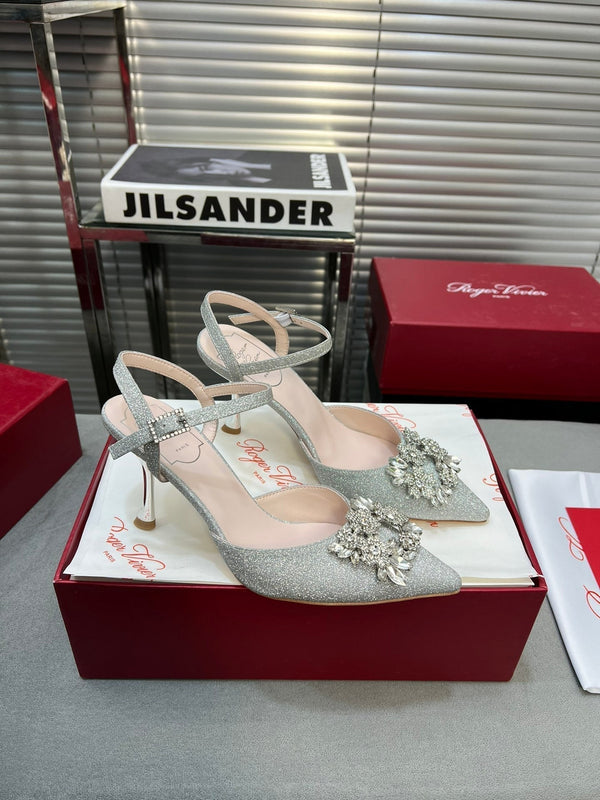 Flower Strass Buckle Slingback Pump 90 Grey Crystal Satin