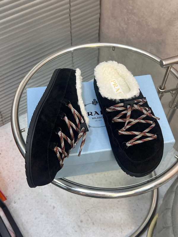 Prad 26s Mules Lace-up Black Suede Shearing 952897
