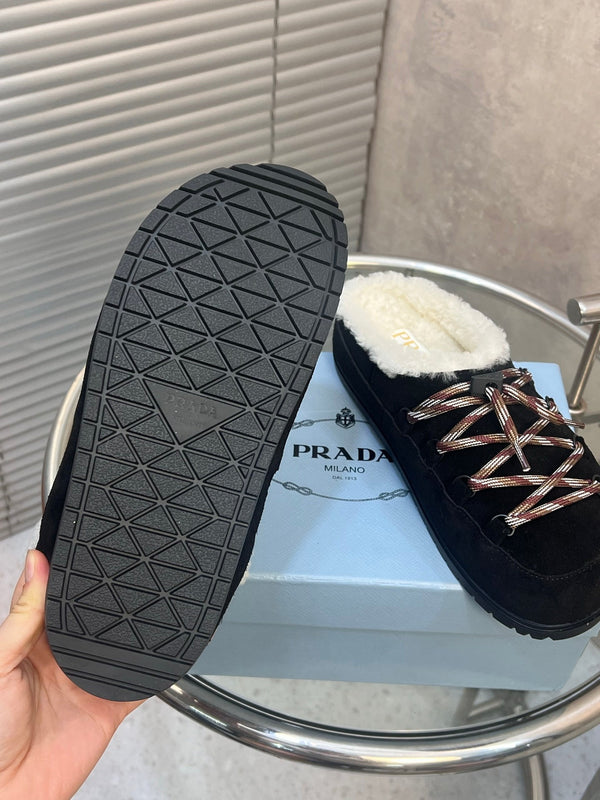 Prad 26s Mules Lace-up Black Suede Shearing 952897