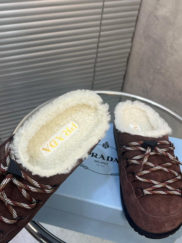 Prad 26s Mules Lace-up Coffe Suede Shearing 952898