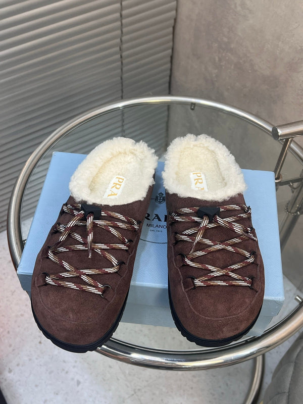 Prad 26s Mules Lace-up Coffe Suede Shearing 952898