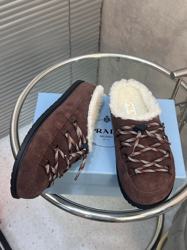 Prad 26s Mules Lace-up Coffe Suede Shearing 952898