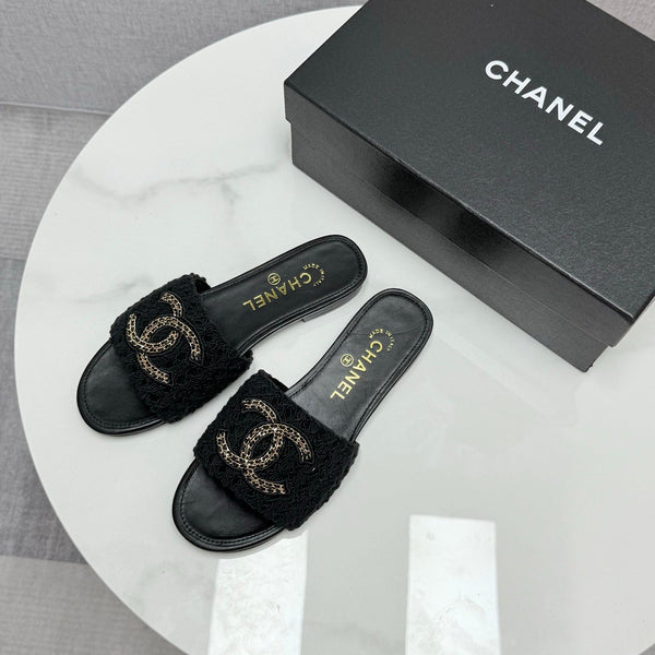 CC Slide Sandals 25s In Black Fabric And Calfskin With Logo