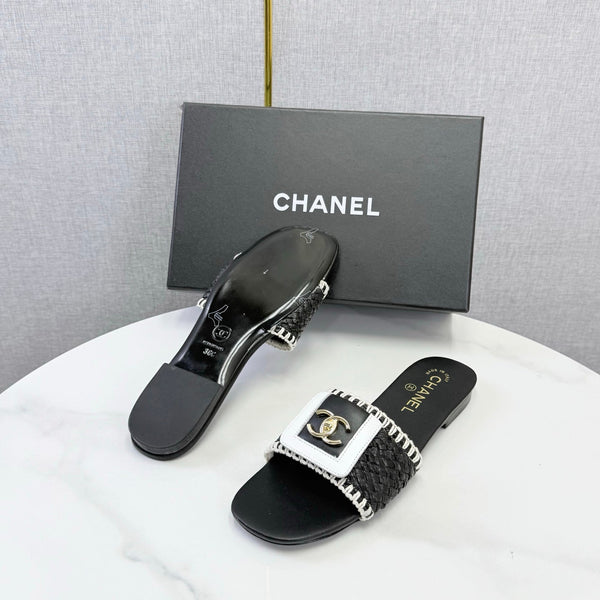 CC 26s Woven Strap Slides Black White Lambskin
