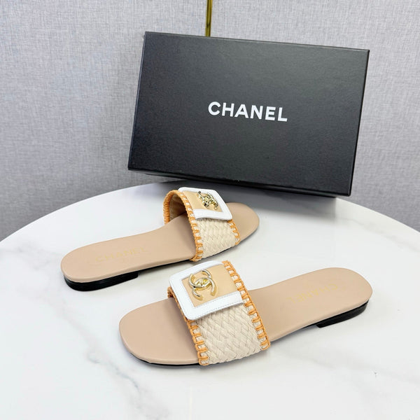 CC 26s Woven Strap Slides Beige Orange Lambskin