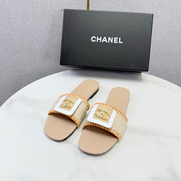 CC 26s Woven Strap Slides Beige Orange Lambskin