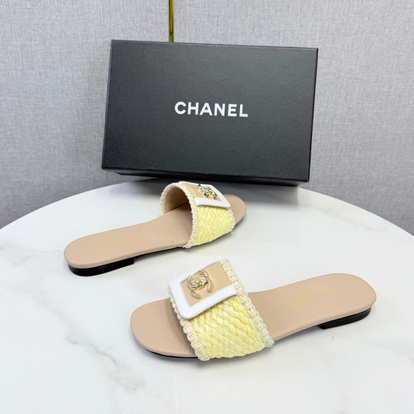 CC 26s Woven Strap Slides Yellow Beige Lambskin