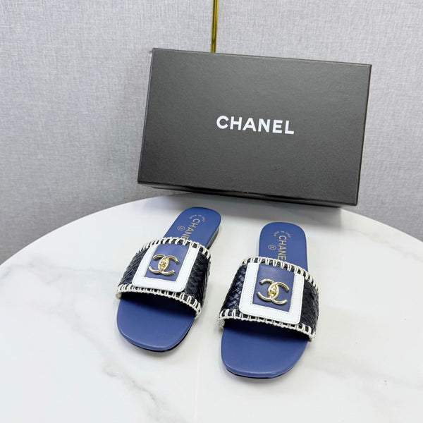 CC 26s Woven Strap Slides Dark Blue Lambskin