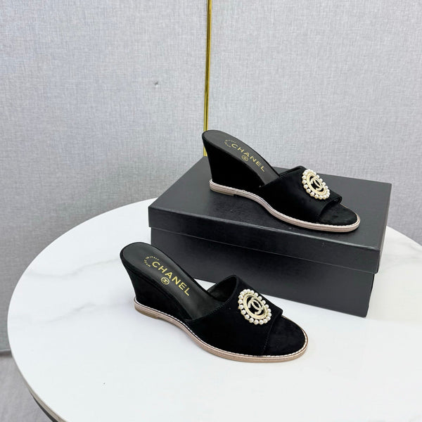 CC 26s Wedge Heels In Black Suede With Cc Pearl Embellished