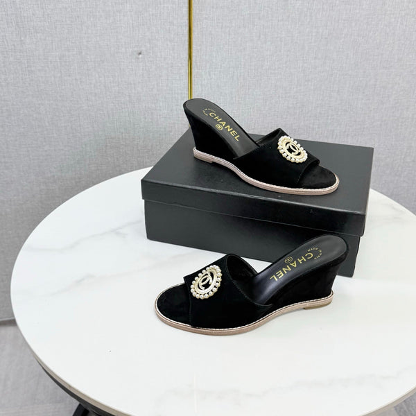 CC 26s Wedge Heels In Black Suede With Cc Pearl Embellished