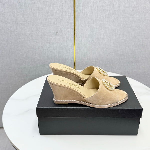 CC 26s Wedge Heels In Beige Suede With Cc Pearl Embellished