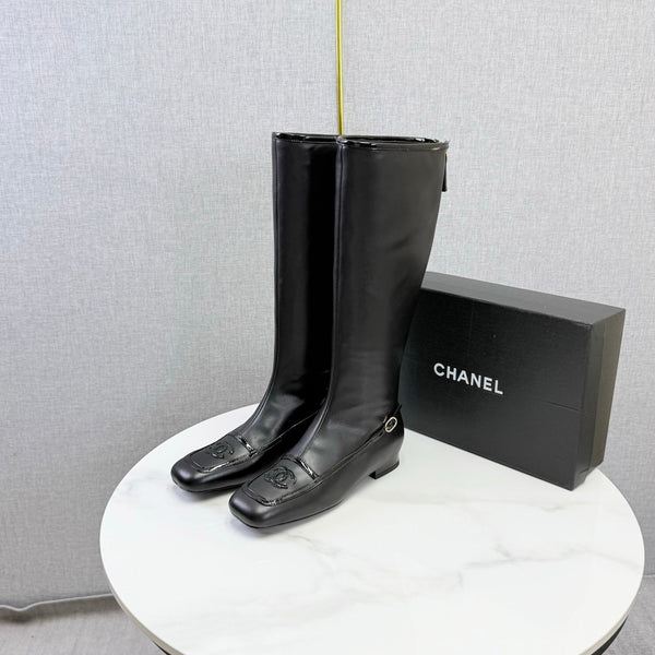CC 26s Square Toe Low Heel Long Boots Black Sheeepskin 972800