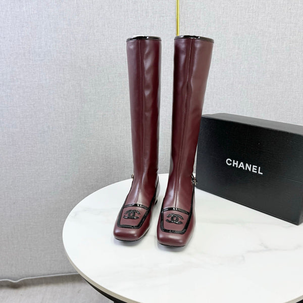 CC 26s Square Toe Low Heel Long Boots Black Burgundy Sheeepskin 972801