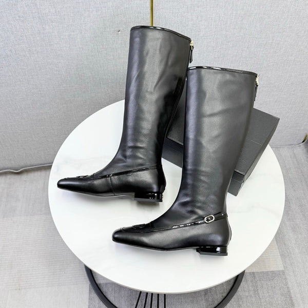 CC 26s Square Toe Low Heel Long Boots Black Sheeepskin 972800