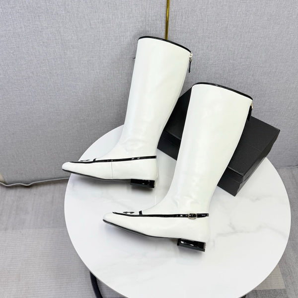 CC 26s Square Toe Low Heel Long Boots Black White Sheeepskin 972802