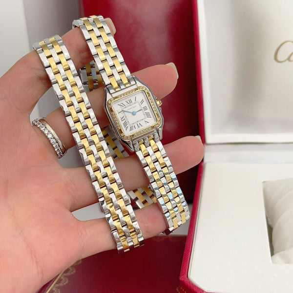 Panthere 22mm Gold Silver Diamond Bezel Double Chain 44cm