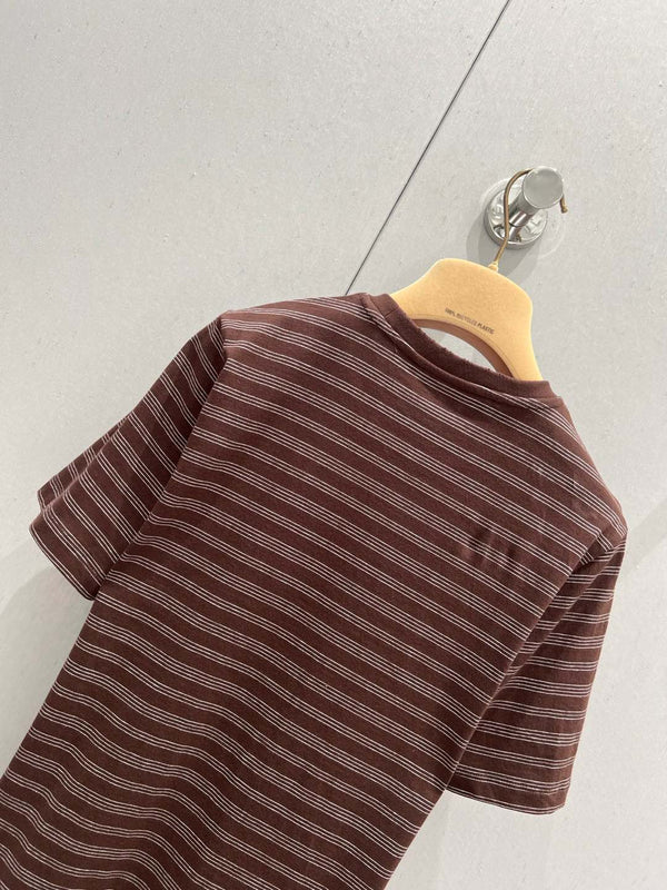 Miu Miu 25 Striped Round Neck Short-sleeved T-shirt Brown Cotton