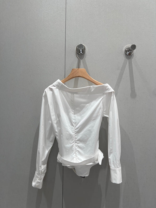 CD 25 Off-shoulder Pleated Belt Short Shirt White Cotton 217596