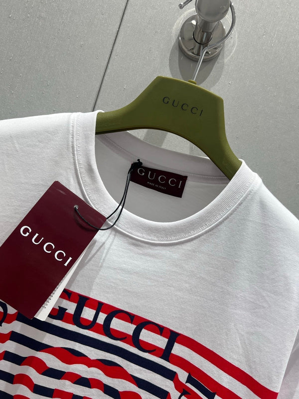 Gucci 25 Striped Logo Print Short-sleeved T-shirt White Red Cotton