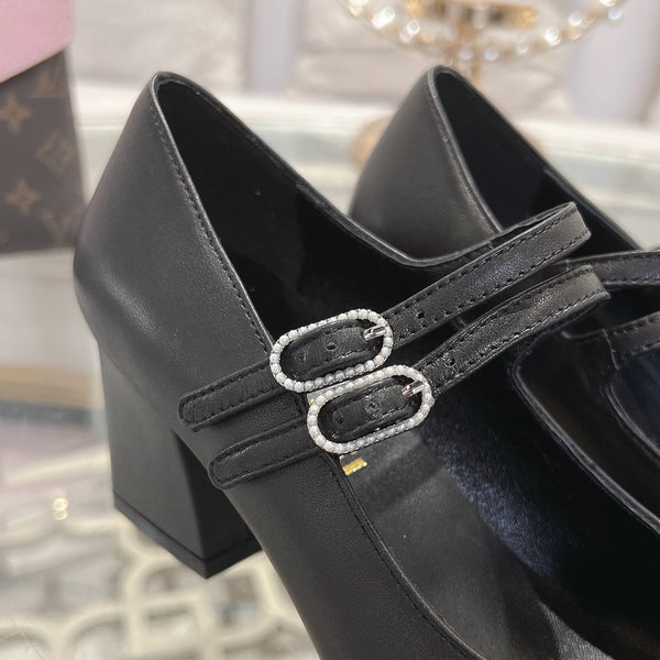 mary janes 60 double buckle black calfskin grosgrain