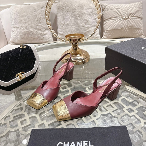 CC 26s Square-Toe High-Heeled Slingbacks 6cm Burgundy Gold Leather 736098
