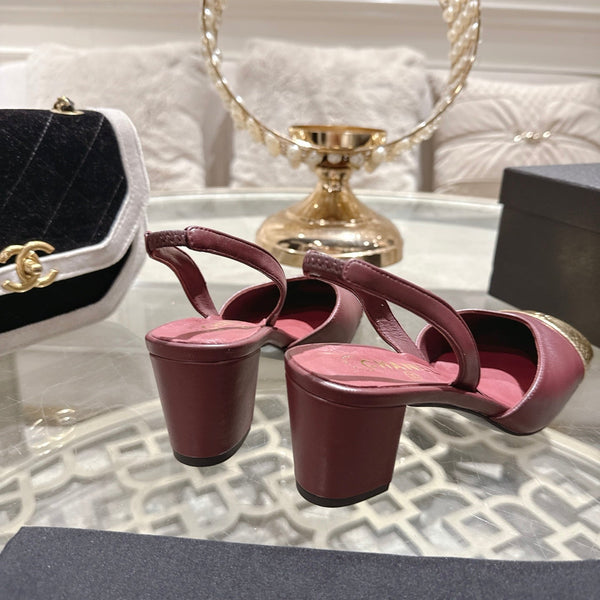 CC 26s Square-Toe High-Heeled Slingbacks 6cm Burgundy Gold Leather 736098