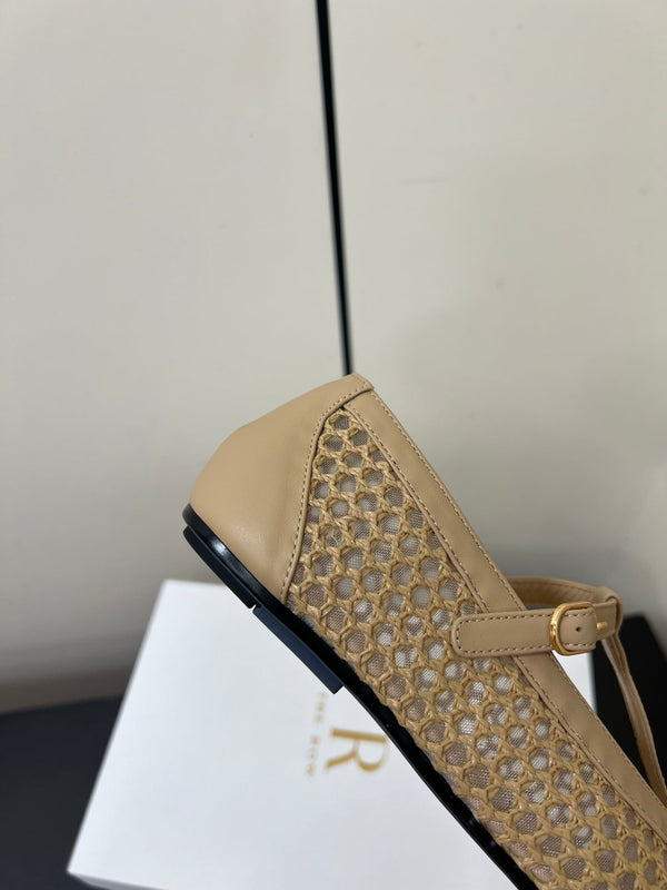 The Row 25ss Square T-Strap Flat Beige Mesh Cowhide 340039