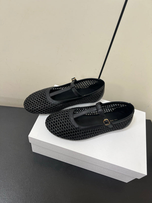 The Row 25ss Square T-Strap Flat Black Mesh Cowhide 340041