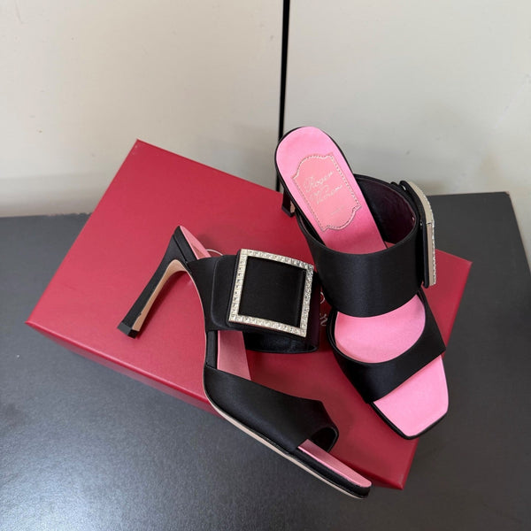 RV Trompette Sandals 8.5cm Black Pink Satin 619600