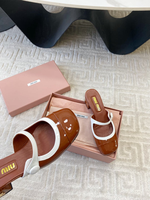 Miu Mary Jane Mule Pumps In Red Brown Glossy Sheepskin