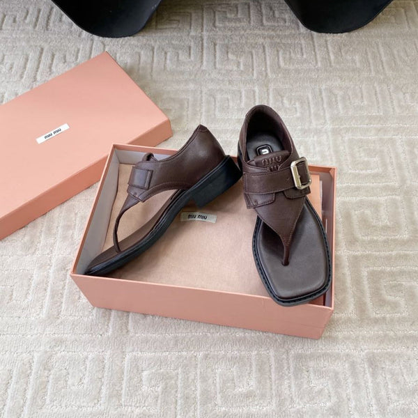 Miu Thong Sandals In Espresso Brown Lambskin With Silver Buckle