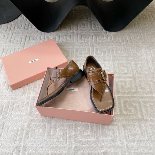 Miu Thong Sandals In Russet Brown Shiny Lambskin With Silver Buckle