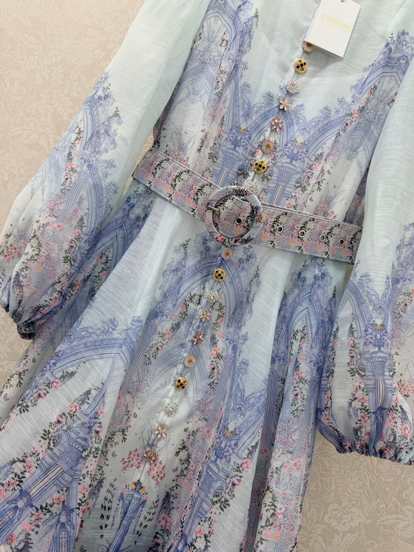 Zimmermann Eden Belted Mini Dress Blue Paisley Cotton 347324