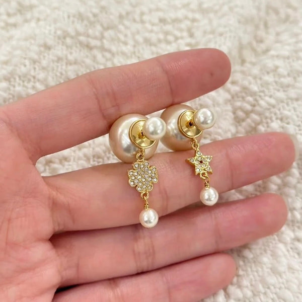 CD 26S Pearl Star & Flower Drop Earrings In Gold Tone Metal With Crystal 631008