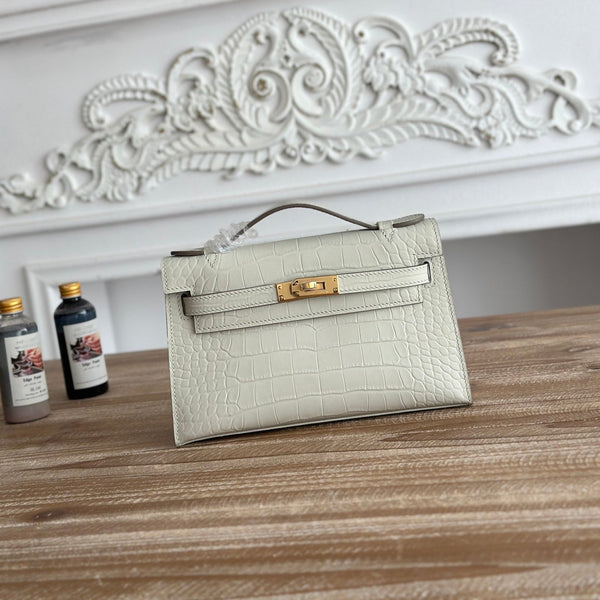 HM 26s Kelly Mini 22cm Milky White Croc Embossed Calfskin