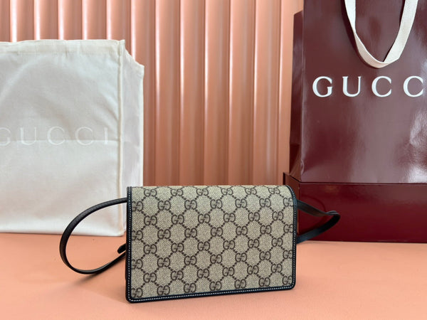 Gucci Emblem Mini Shoulder Bag Beige Blue Canvas Leather 244492