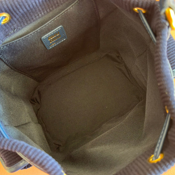 Miu Small Corduroy Backpack Navy Blue Leather-Trim