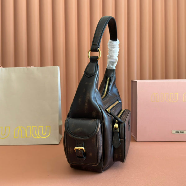 Miu Pocket Shoulder Bag Brown Calfskin