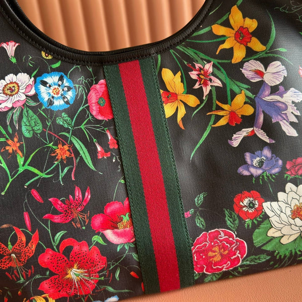 GG 26 Giglio Flora Large Tote Bag 60cm Black Canvas 292578